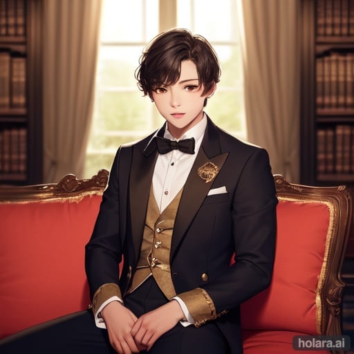 Image of high-quality, 1boy, solo, 14 years old, handsome boy, good-looking, upper body, sitting, looking away, light smile, black hair, (extra short hair)----, all ears are out, (red eyes)+, luxurious and cly formal attire, 16th century british, coat, library++