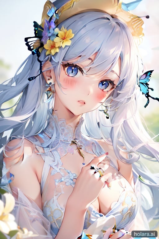 Image of masterpiece++, ultra-detailed++, pixiv++, best shadows++, best lighting++, best quality++, cinematic shot, rim lightning, 1girl, jewelry, solo, blue eyes, hair ornament, looking at viewer, ring, braid, bangs, blue nails, flower, blue butterfly, earrings, white hair, hair between eyes, blue flower, butterfly, parted lips, nail polish, bug, long hair, butterfly hair ornament, hair flower, hat, blush, crossed bangs, blue theme, portrait