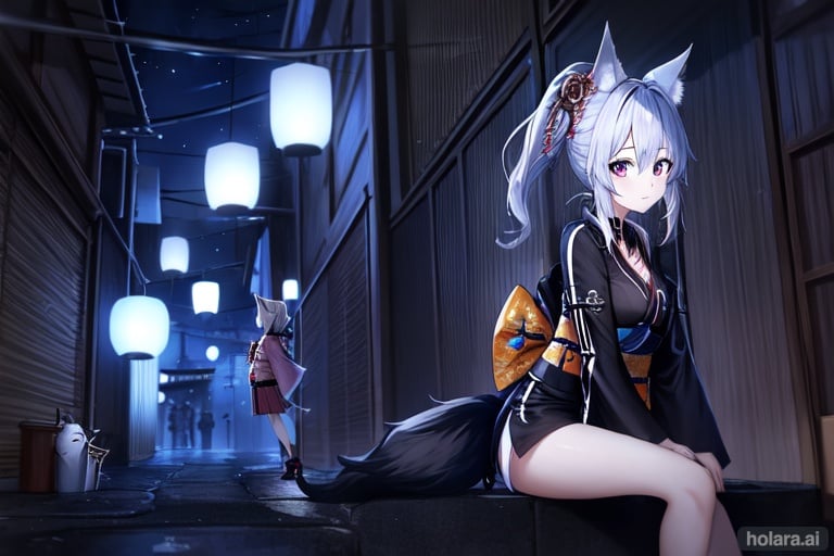 Image of 2girls, fantasy, from side, ponytail, dog ears, kimono, zipper, alley
