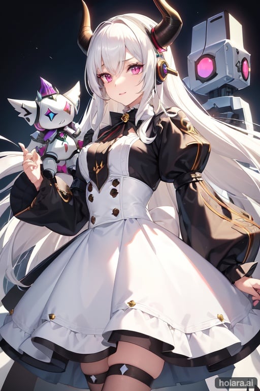 Image of Automaton monster girl, metal black horns, medium platinum blonde wispy hair with A white headset with a white bow, dressed in white and rainbow Candy Teddy dress, best quality, masterpiece