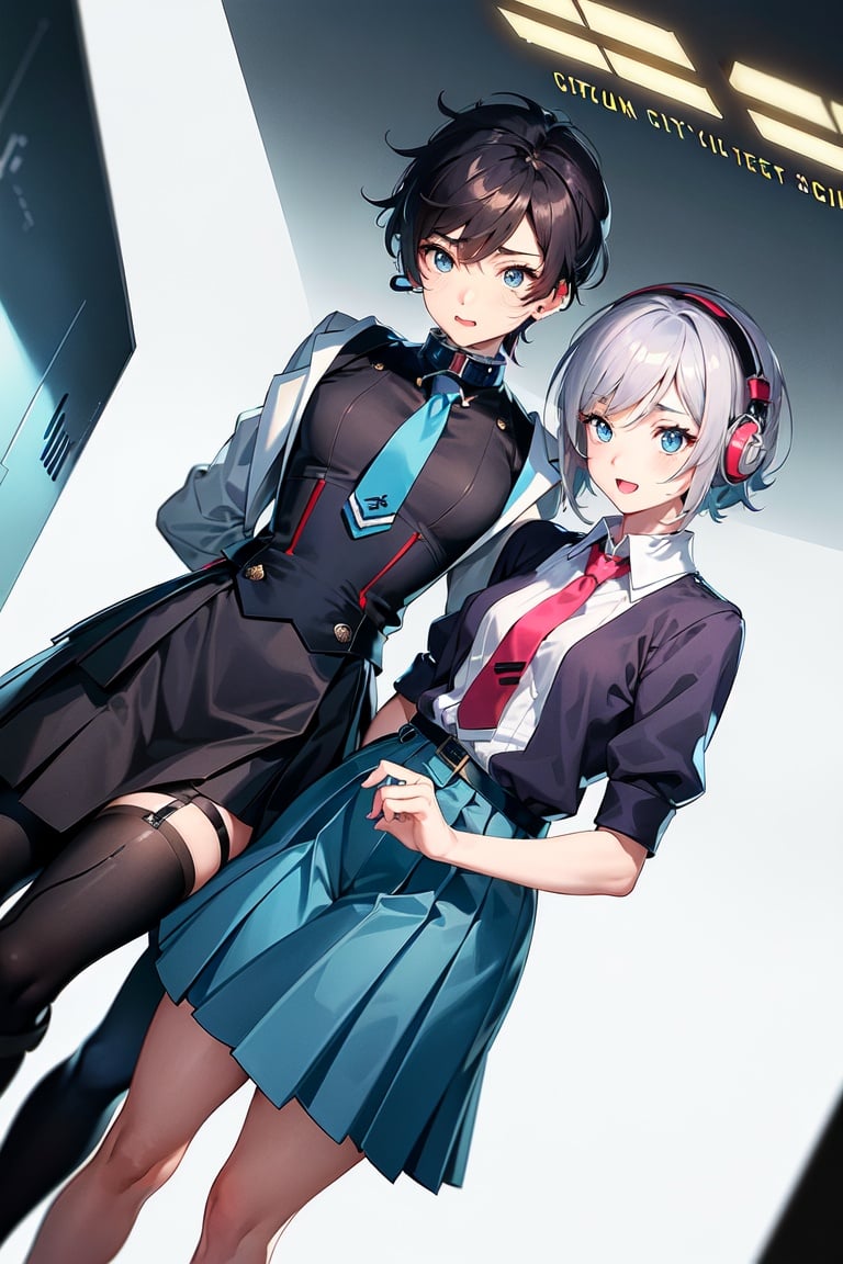 Image of (City street park metro station)++++ ( couple)+++, (middle breast)+, (cyborg mecha girl, impossible clothes)++++, (stylish angle)++++, (necktie)+++, jitome, (typography industrial Design headphone)++++,(cute loli)++, (cropped bangs)---, (braided bun)--, (drill hair)--, (lower bobbed hair)++, braid, (Twin tail)+++, (pony tale)+, (look at viewer)+++, ((open mouth)+++ smile Love emotion)+++, (in heat, wide eyes, blush)++, (detached sleevs, very wide sleeves)++++, (mecha school uniform)+, (blue mecha corset pleats miniskirt)++++, (1 cyborg android middle chest loli)++++, (masterpiece, (excellent finely detailed, best quality), ultra-detailed), (stylish angle)+, (gleaming skin)+++++, glow eyes, (eyes highlight)++++, tsurime, (choke barrette beret cuffs)++++, (black gloves, slobber, material texture), (beautiful light effect)+++++, (beautiful scene)+++++＋ 