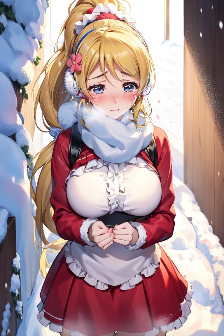 Image of (ayase eli)+++,(lovelive)+++,(earmuffs)+++,(hair flower)++,(huge breasts)+,heavy snow,very long hair,(ponytail)+++,Distress,(heavy snowfall)+++,(red clothes)++,(crying)++,whiteout,(Very embarrassed)+++