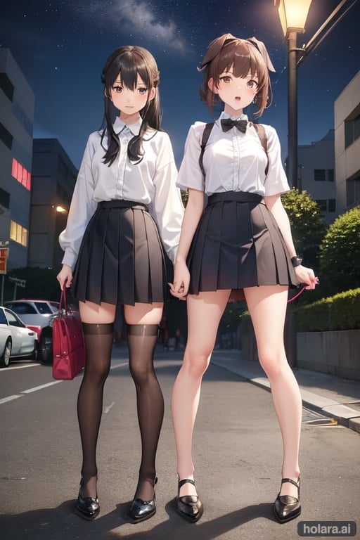 Image of Two girls, BDSM, one girl standing, holding leash, one girl on knees, collared, girl wearing collar, girl dominating other girl, domination, dog girl, pony tail, medium length hair, dark brown hair, brown eyes, cute+, petite body, perfect body, thigh high socks, legs spread+, up skirt, , , highly detailed, two legs, two arms, four fingers, 1 thumb, anatomically correct hands, perfect hands, anatomically correct feet, perfect feet, open mouth, anime eyes, anime face, cute anime face, small feet+, cute feet, underwear showing, thighhighs, bowtie, pleated skirt, park beach, outside, park, night, street light spot, 