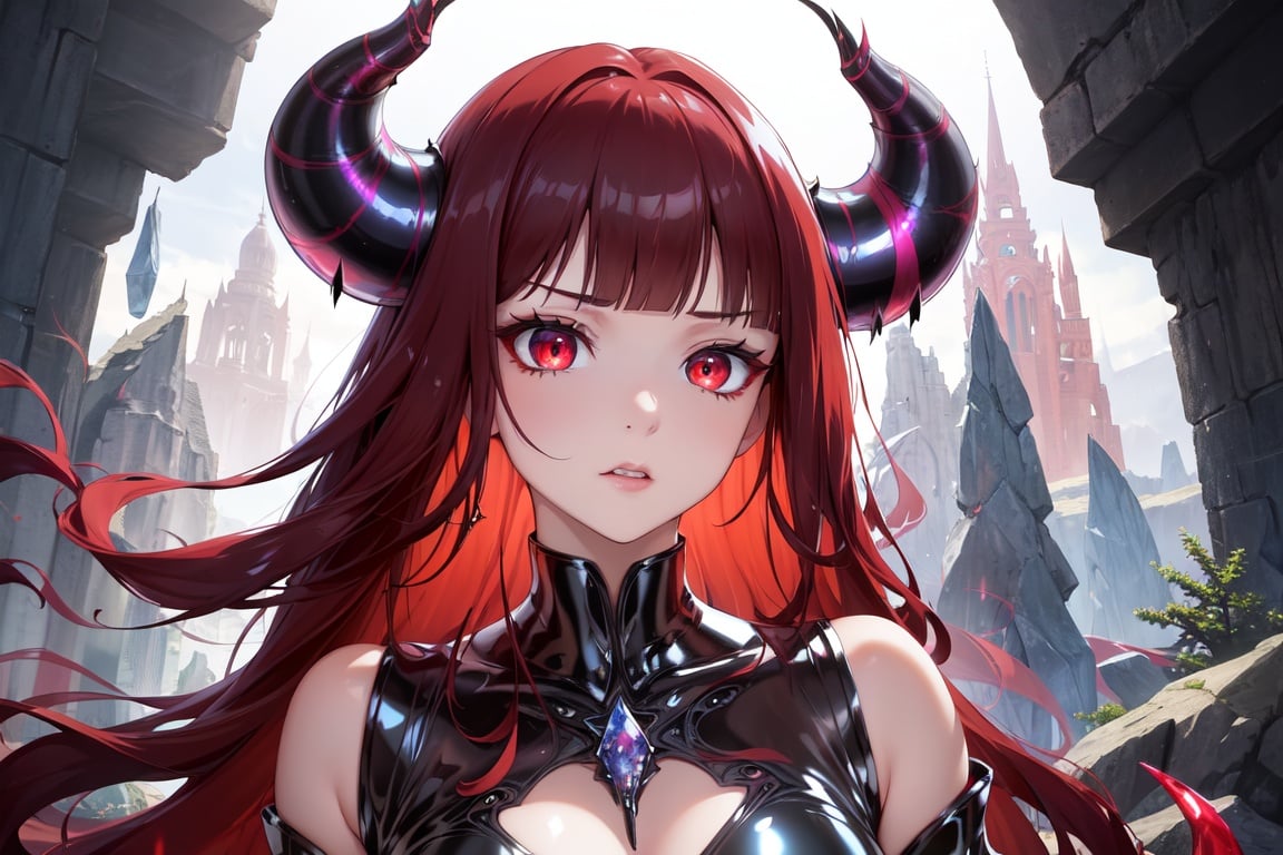 Image of (masterpiece), best quality, expressive eyes, perfect face, horns, red hair, slit eyes, multicolored eyes, ethereal, fantasy, dreamlike, landscape, Intricate Surface Detail, Crystalcore, Crystals, Bejeweled, ethereal latex++++ dress, fantasy armor,(abstract background), 