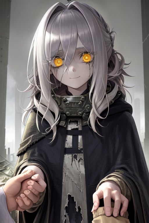 Image of 1girl, post-apocalypse+++, cloak, hood, messy hair+++, disheveled+++, big hair, ruins+, homeless+, detailed fabric+++, yellow eyes++, silver hair+, torn clothes, close-up++, thick eyelashes++, empty eyes++, looking at viewer, holding hands, pov, smile