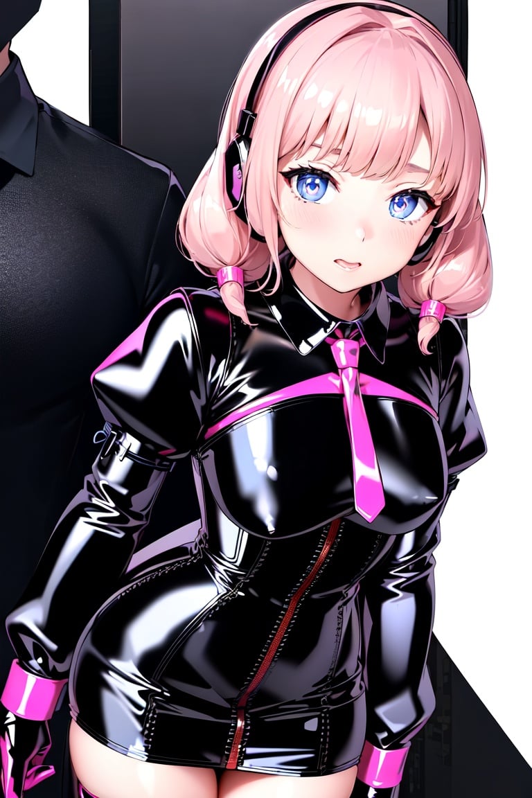Image of (plastics latex dress)+++++, ( couple, gentle man)+++, (middle breast)+, (cyborg mecha girl, impossible clothes)++, (stylish angle)++++, (necktie)+++, jitome, (typography industrial Design headphone)++++, (future (computer)+++ cityscape)+++, (cute loli)++, (cropped bangs)---, (braided bun)--, (drill hair)--, (lower bobbed hair)++, braid, (Twin tail)+++, (pony tale)+, (look at viewer)+++, (open mouth smile)+++, ((((((((in heat, wide eyes, blush))))))))), (detached sleevs, very wide sleeves)++++++, (mecha school uniform)+, (blue mecha corset miniskirt)++++++, (((((((((erectile bare s)+++, ()+)))))))), (1 cyborg android middle chest loli)++++, (masterpiece, (excellent finely detailed, best quality), ultra-detailed), (stylish angle)+, (gleaming skin)+++++, glow eye, (eyes highlight)++++, tsurime, ((((choker)))), (black gloves, slobber, material texture), (beautiful light effect)+++++, (beautiful scene)++++++,