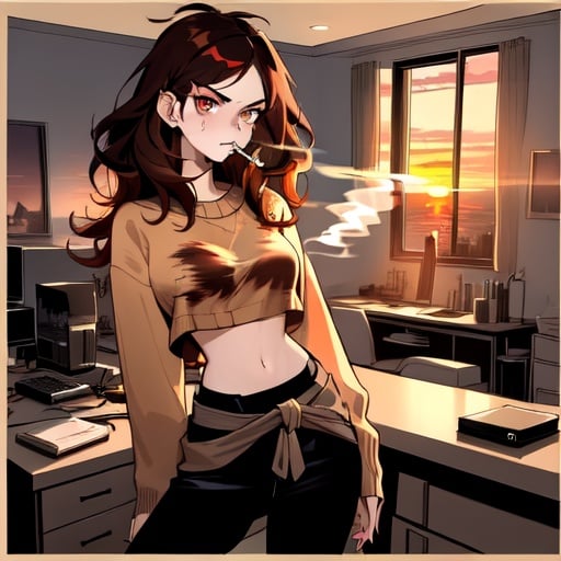 Image of 1girl, annoyed++, being scolded++, brown hair, highly detailed++, playing video games on computer++, streamer++, perfect face, messy medium hair+, messy room++, messy living room with kitchen++, trashed room+, wearing shirt exposing midriff, naval, artistic++, sweater around waist++, sweater-, gold eyes+++, pencil sketch++, {{arms at hips pose}}++, vape pen, {blowing smoke}++, flat colors++, sunset+++