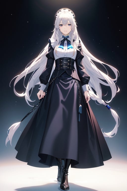 Image of 1woman,solo,female, mature++,30 years old, very long Straight hair, silver hair, beautiful detailed cold face, cold expression, no  features, closed mouth, blue eyes, pale skin,black maid, maid Long skirt+++, knee boots, black Clothes,very flat chest+, blue background,whole body
