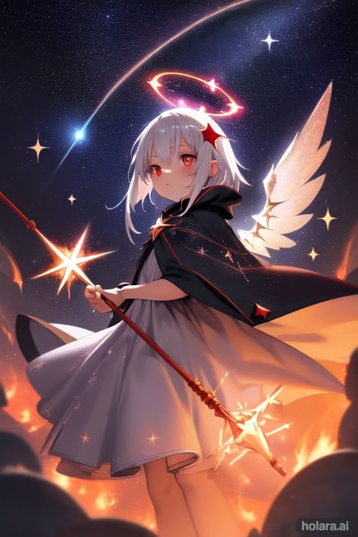 Image of Little witch girl, white silver hair, moonshine, red eyes, witch cloak, fire magic, fire flames, 1girl, solo, (starry sky)+++, flames around her, magic circle,  soft lighting,  magic wand, fly with broom, spell, halo above head, look from front, wings, star dressed, night, (masterpiece)+++, summons fire with her wands, sworld fire 