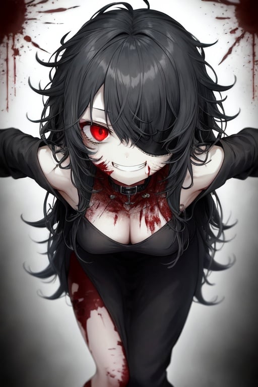 Image of 1girl, long hair, black hair, red eyes, smile, long nails, messy dress, covered in blood, one eye covered, loli, creepy, wide grin, psycho horror, tilted head, bending over