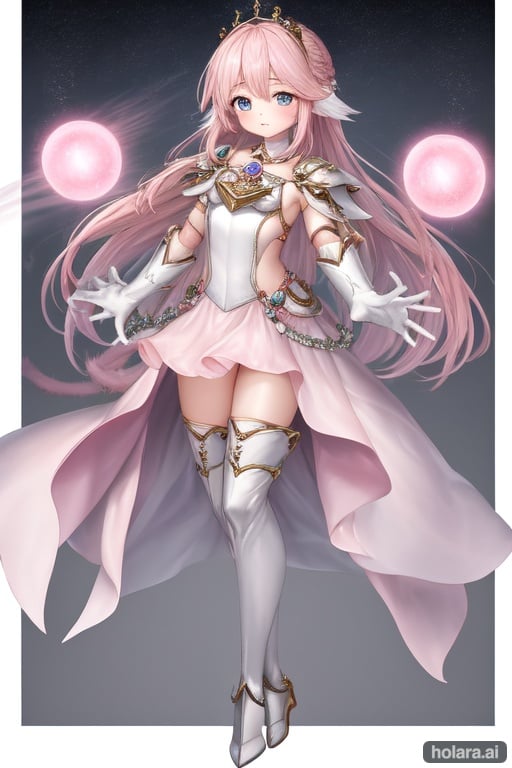 Image of (masterpiece), best quality, expressive eyes, perfect face, full body, 1girl, pink haired eighteen years old girl, standing up, dressed in a pink dress under a set of white armor, silver hairpin with a pink gem, white chest plate, white gauntlets, white greaves, white armored boots, thigh high pink stockings, cupping the hands upward, knee-reaching single braid, pink furred ears and tail, ghostly orbs all around, gathering energy between the hands