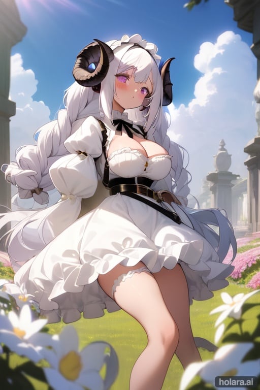 Image of Masterpiece, top quality, one girl, sheep horns, white hair, very big breasts, big thick braids, violet eyes, white dress, flowing silhouette, pastel shades, ruffle detail, sweetheart neck lines, flutter sleeves, waist belts, strappy sandals, corollas, blooming flowers, sunny gardens, spring joy, bright colors, open mouths