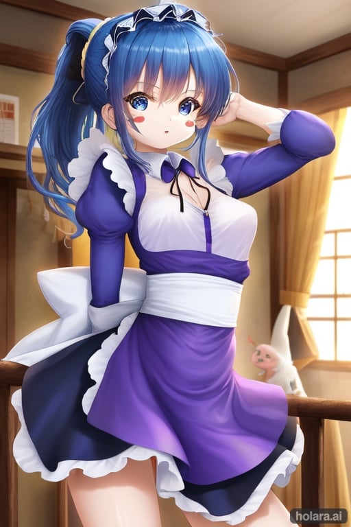 Image of Japanese maid, gochuumon wa usagi desu ka? style,1 girl, whole body, view straight on, standing, girl,woman,female, young,19 years old, medium hair, ponytail, (royal blue hair)+, beautiful detailed hair, cute anime face, blush stickers, bright eyes, parted_lips, (small_breasts)+, royal blue eyes, maid, (purple skirt)+, (royal blue shirt)++, indoors