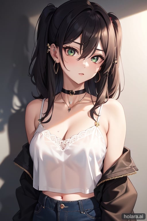 Image of masterpiece++, ultra-detailed++, pixiv++, best shadows++, best lighting++, best quality++, cinematic shot, rim lightning, 1girl, solo, piercing, choker, ear piercing, jewelry, looking at viewer, navel, shirt, green eyes, black choker, necklace, two side up, earrings, upper body, simple background, wavy hair, midriff, black shirt, chain, hair between eyes, off shoulder