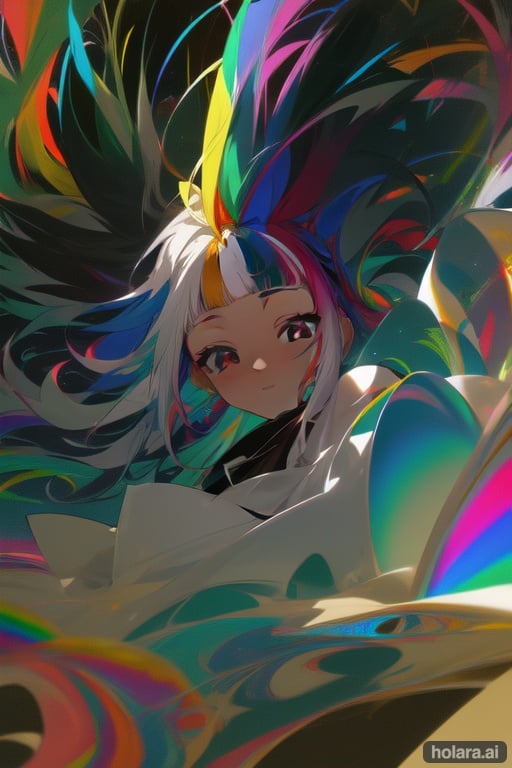 Image of abstraction, magic, elemental, rainbow tones, kaboo multicolored hair++, white hair, blunt bangs, sky