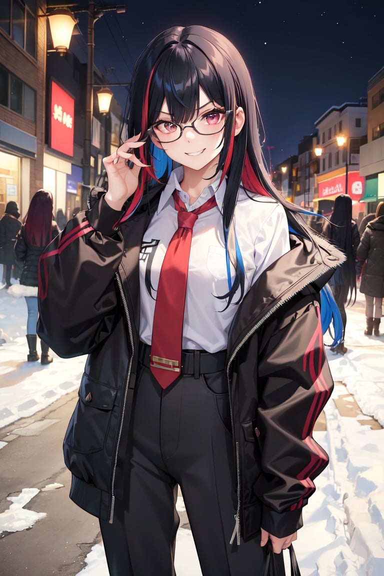 Image of 1girl, multicolored hair, black hair, blue highlight streaks, long hair, solo, bangs, streaked hair, looking at viewer, long sleeves, jacket, colored inner hair, holding, open clothes, cowboy shot, slacks, open jacket, blunt bangs, two-tone hair, round eyewear, park++, standing, collared blouse, angry Smile++, winter, snow, night , tie+, facing viewer