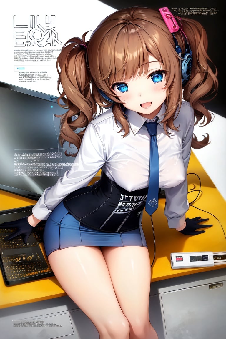 Image of (Solo)+++, (middle breast)+, (cyborg mecha girl, impossible clothes)++, (stylish angle)++++, (necktie)+++, jitome, (typography industrial Design headphone)++++, (future (computer)+++ cityscape)+, (cute loli)++, (cropped bangs)---, (braided bun)--, (drill hair)--, (lower bobbed hair)++, braid, (Twin tail)+++, (pony tale)+, (look at viewer)+++, (open mouth smile)+++, ((((((((in heat, wide eyes, blush))))))))), (detached sleevs, very wide sleeves)++++++, (mecha school uniform)+, (blue mecha corset miniskirt)++++++, (((((((((erectile bare nipples)+++, topless, (Bare pussy)+++, (nsfw)+, cameltoe)))))))), ((((see-through, skin-colored panties)))), (1 cyborg android middle chest loli)++++, (masterpiece, (excellent finely detailed, best quality), ultra-detailed), (stylish angle)+, (gleaming skin)+++++, glow eye, (eyes highlight)++++, tsurime, ((((choker)))), (black gloves, slobber, material texture), (beautiful light effect)+++++, (beautiful scene)++++++,