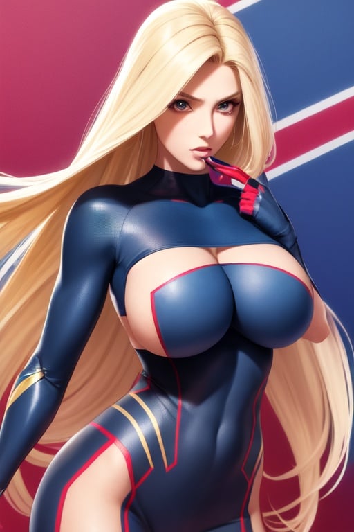 Image of fit, realistic+++, skinny+, Irish, blonde, submissive, long hair, vivid colors, complex outfit, breasts, superhero, huge boobs