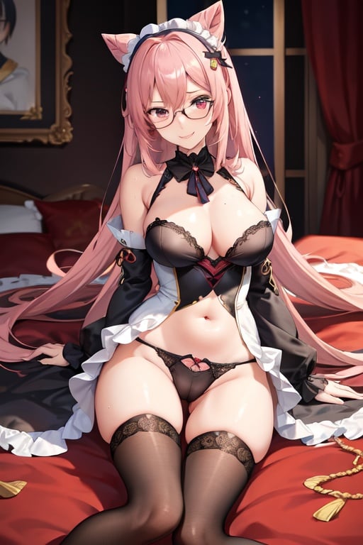 (Genshin Impact, Sucrose) +++, girl ++++, perfect figure ++++, long legs +++, big hips ++++, big breasts +++, shiny skin ++, velvet skin + ++ (long hair, in a bun) +++, beautiful face +++, perfect face +++, blush +++, open mouth smile +++, (maid costume, stockings, glasses, frills) +++ +, (assassination, pantsu shot, sexy pose) ++++, inside the house, solo ++++, super quality +++