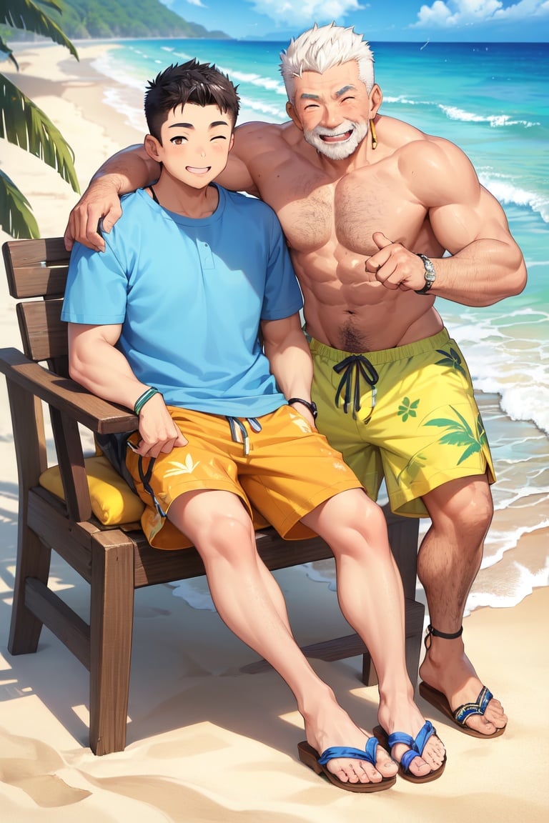 Image of 2boys, old man, Asian man, muscular, confident smile, shaved sides, muscular, yellow tropical print shirt, blue shorts, sandals, smiling, beachside cafe, looking at viewer