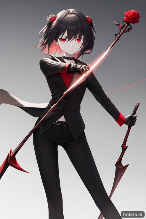 Image of a 6-year-old grim reaper girl holding a rose gold scythe standing in a battle stance ready to attack with a calm expression short black hair red glowing eyes Vocaloid outfit 