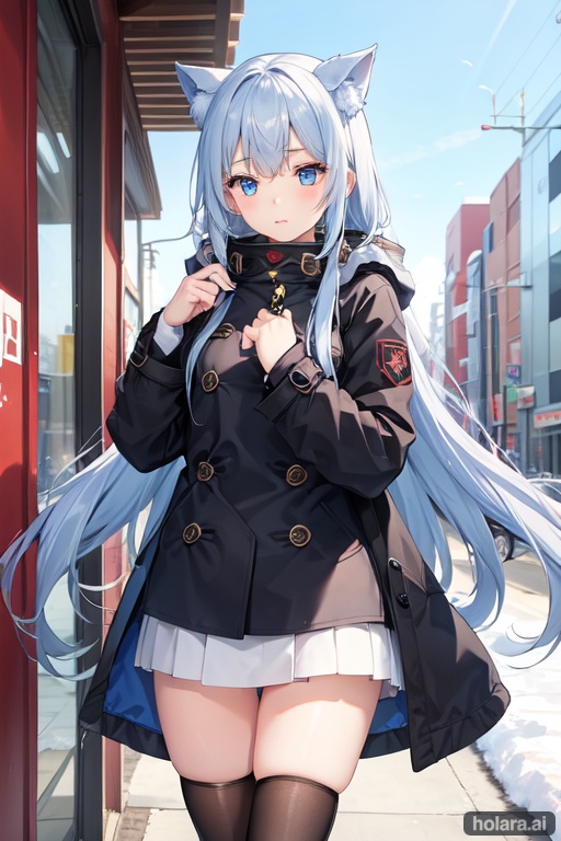 Image of blue eyes, cute, winter coat,  thighhighs, winter clothes, long hair