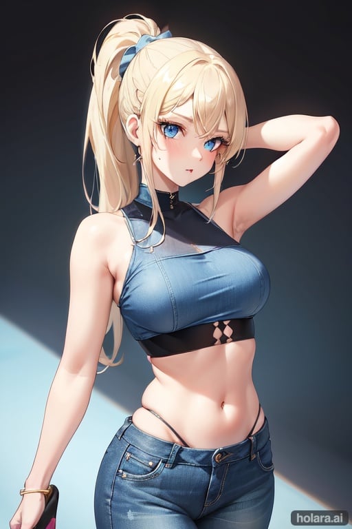 Image of doll joints, blue eyes, blonde, ponytail, jeans, pink crop top