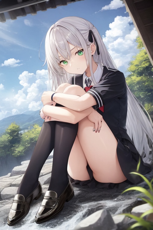 Image of 1girl, solo, sitting, hugging own legs, dutch angle, white hair, green eyes, furrowed brow, very long hair, suit, shoes, neck ribbon, wristband, neckerchief, onsen