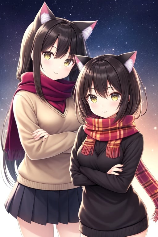 Image of 2girls, soft lighting, crossed arms, :p, cat ears, sweater, scarf