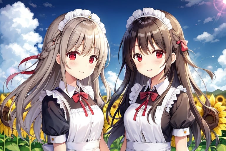 Image of delicate face, (long hair)+++, wavy hair, smile, from outside, morning, cute+++, (short sleeves)++, clouds++, standing, (upper body)+++, grey sky, twins, flower field, 2girls with dress and maid, red eyes, sunflower