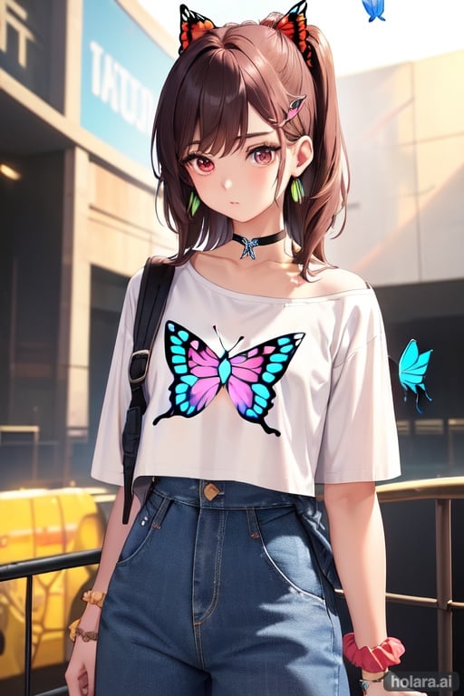 Image of masterpiece++, best quality++, ultra-detailed+, (united states)++, (american girl)+, (Straight hair)+, (shoulder-length hair with a center part and butterfly hair clips holding back the front sections)+++, 4K, 8K+, best quality, beautiful+, 1990s, (Choker necklace)+, (hoop earrings)+, (mini backpack purse)+, (scrunchie on the wrist)++, beautiful, girl, (High-waisted mom jeans)++, (cropped graphic T-shirt)++, (plaid flannel shirt tied around the waist)++, (rock show background)+