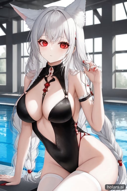 Image of 1girl, solo, long black hair, red eyes, fox ears, medium boobs, white hair, mad, high quality,  twin braids, confident pose, luxurious, glamorous, indoor pool setting, natural lighting