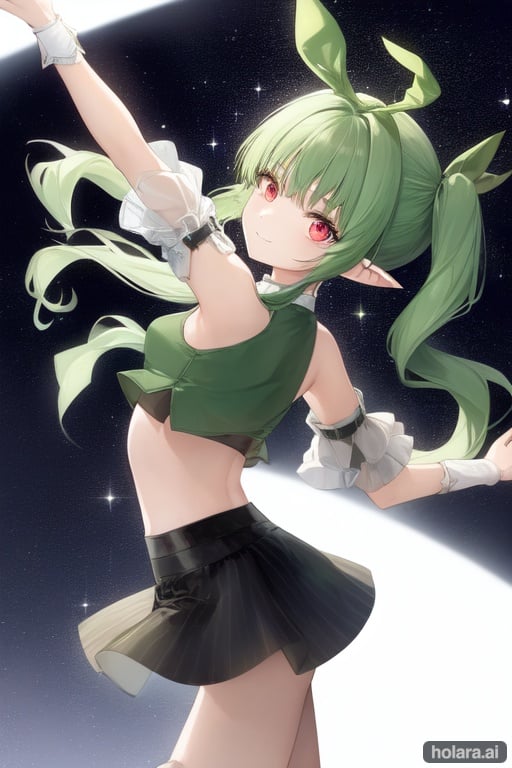 Image of 1girl, solo, soft lighting, dancing, from side, green hair, red eyes, happy, drill hair, hair ribbon, pointy ears, (crop top)++, loafers, starry sky