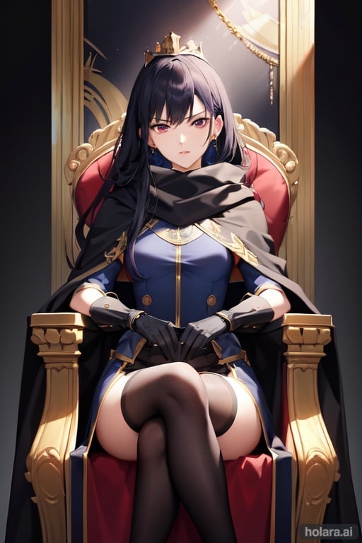 Image of queen, 1 woman, high growth, impress uniform, impress, impress dress, diadem, sitting on throne, throne room background, fantastic, ethernal, masterpiece, best quality, high resolution,  very long hair, dark blue tones, cloak, serious face, dark fantasy, cold atmosphere, cold light, stockings., gloves, scarf, long sleeves, bare shoulders