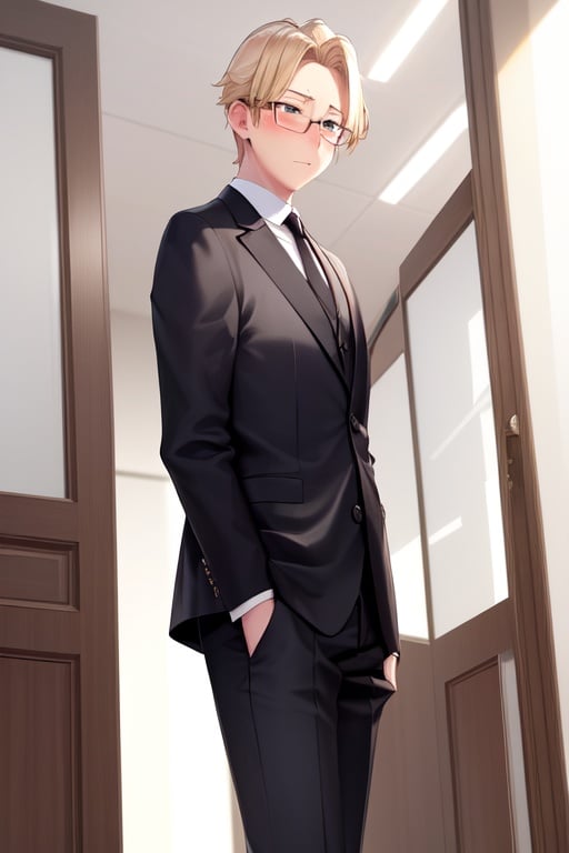 Image of 1boy, solo, office, blonde hair, gles, dutch angle, blush,embarred, walking, suit