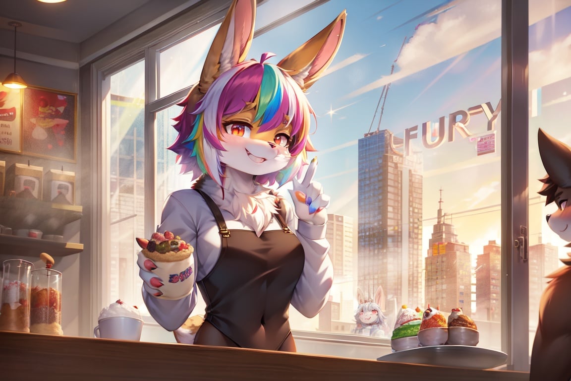 1 bunny girl, solo, short hair, random multicolored hair, random multicolored eyes,  bunny nose, bunny ears, bunny mouth, insane smile, morning time, on the Café, breakfast, beautiful sunrise seen on the Cafe's window, Café and Town background, high-quality, high detailed, original, bright colors, masterpiece