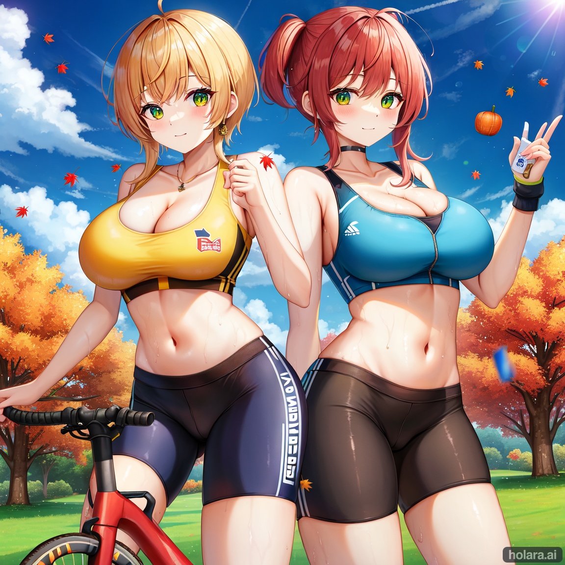 Image of Autumn landscape, cycling twins, Hot pants, sports bra,cleavage,