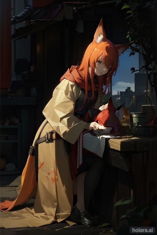 Image of 1girl, red hood, fox ears, petite, fox tai, ginger hair