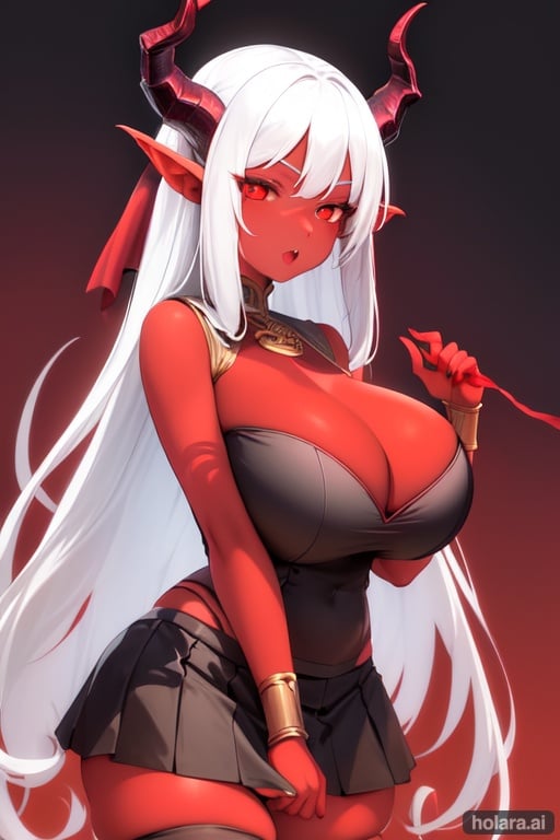 Image of  tiefling woman, red skin, horns, simple background, long hair, white hair, open mouth, thighhighs, skirt, underwear, busty, milf