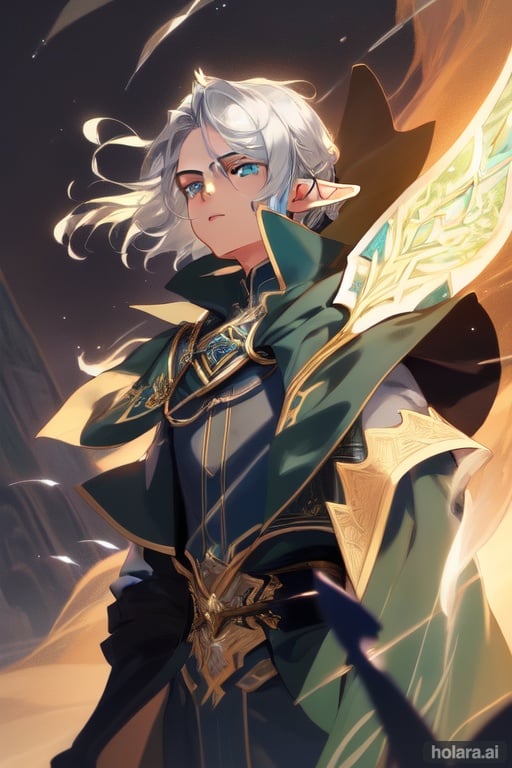Image of Highly detailed, close portrait, 1boy. Wistful expression. Black hair with white ends, short hair. Pointed elf ears. Turquiose aqua eyes, sharp eyes shape, (looking away from viewer)+. Slim features. Silver-green shoulder armor, black and brown military uniform, brown cape, sliver embroidery. Elemental effects, turquiose wind streaks, wind, water, ambiance lighting, edge lighting, fantasy, fantasy setting, beautiful elven forest cities in background, anime style, anime design, detailed character design