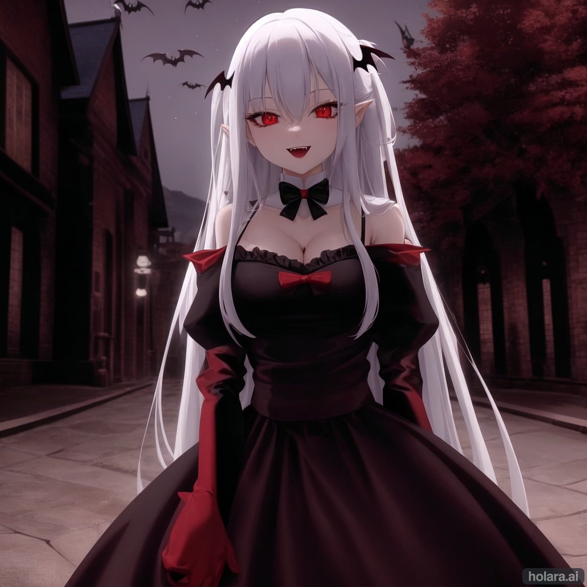 Image of 1girl, solo, white hair, red eyes, long hair, long sleeves, gown, cleavage, bow tie, vampire, smile, open mouth, night sky, lanterns, best quality, masterpiece+++, ultra-detailed++, cinematic lighting++, light effect+, standing, mansion