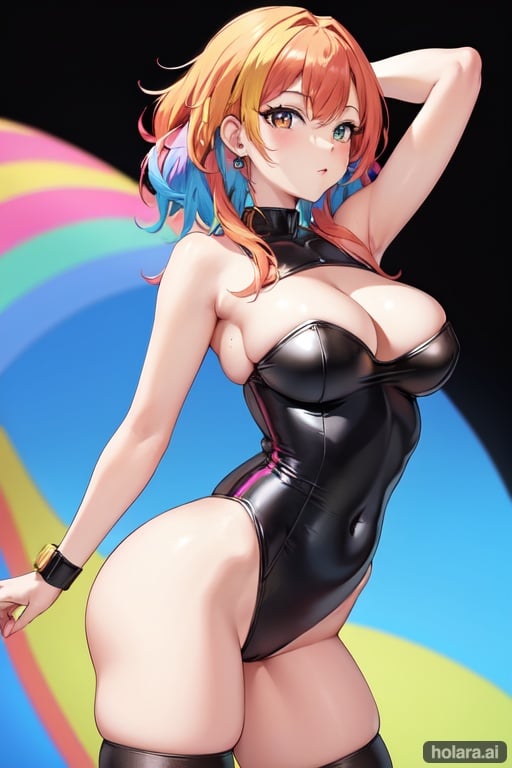 Image of colorful+++, radiant+++, solo,looking at viewer,1girl, multicolored hair, perfect anatomy, 4K, HD, high quality, large breasts, latex leotard