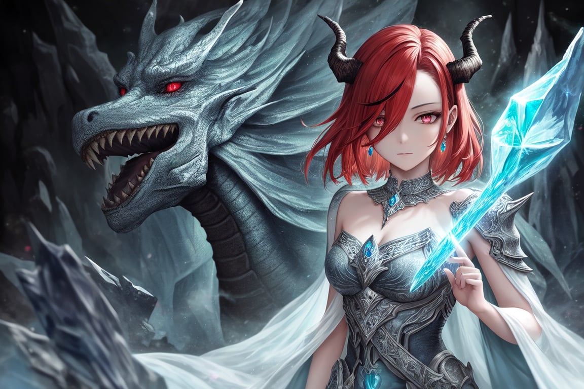 Image of (masterpiece), best quality, expressive eyes, perfect face, dragon horns, red hair, slit eyes, multicolored eyes, ethereal, fantasy, dreamlike, landscape, Intricate Surface Detail, Crystalcore, Crystals, Bejeweled, ethereal dress, fantasy armor,(abstract background), 