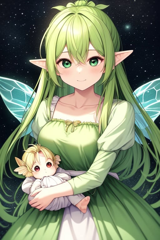 Image of Tinkerbell, middle aged, green dress, long blonde hair in twin buns, fairy wings, holding a swaddled baby