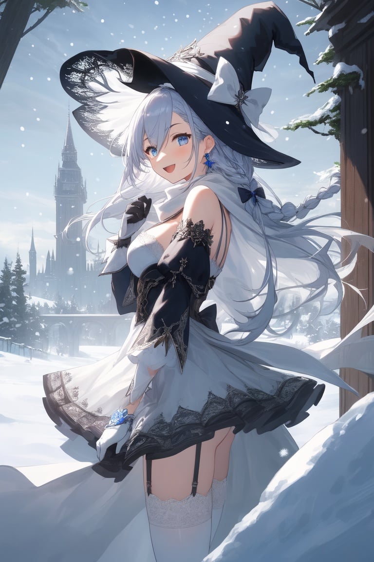 Image of :D, from side, long hair, long sleeves, sky, hair ornament, eyebrows visible through hair, blue eyes, dress, silver hair, ribbon, snowing, hat, bow, hair between eyes, gloves, thighhighs, original, bare shoulders, very long hair, cleavage, outdoors, snow, scarf, intricate detail, cute, jewelry, fantasy, cloud, thighs, white theme, tree, scenery, day, sidelocks, side braid, braid, witch, witch hat, frills, frilled dress, wind, floating hair, light rays, illustration, concept art, garter straps, building, tower, looking at viewer, happy, ornate, earrings, jewelry, lace