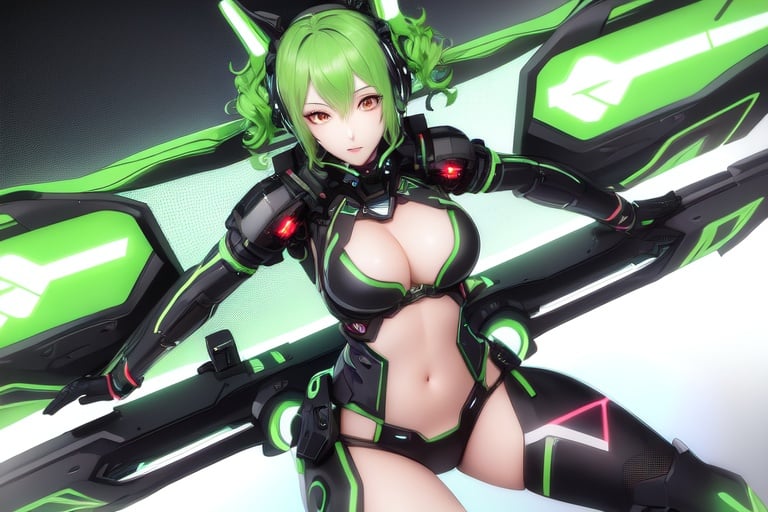 Image of 1 girl posing horizontally, alone, green hair, red eyes, curly hair, ears, y technological fantasy clothing,