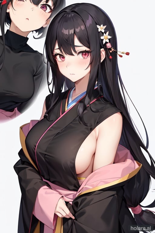 Image of a 2d anime girl with black hair to the shoulder wearing light black traditional japanese  with the desing of flowers around it clothes , pink eyes, blushed , flustered gaze , looking straightformard , with her hair loose, the hair is kinda messy , the background is a japanese santuary