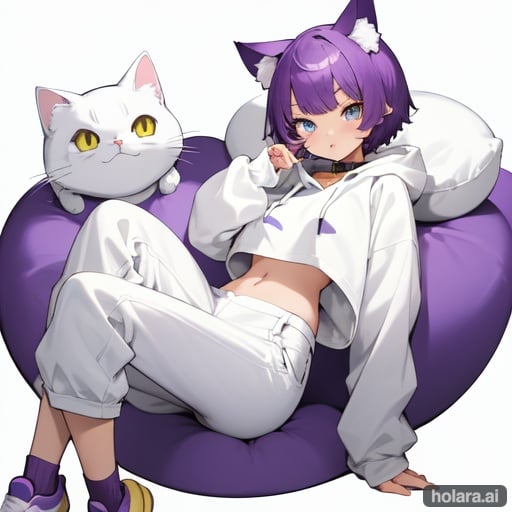 Image of hololive,nekomataokayu,1 girl,short hair, wearing rice balls and hoodies that look like a navel, white pants, cat ears, purple hair, yellow shoes, blue eyes, and a collar