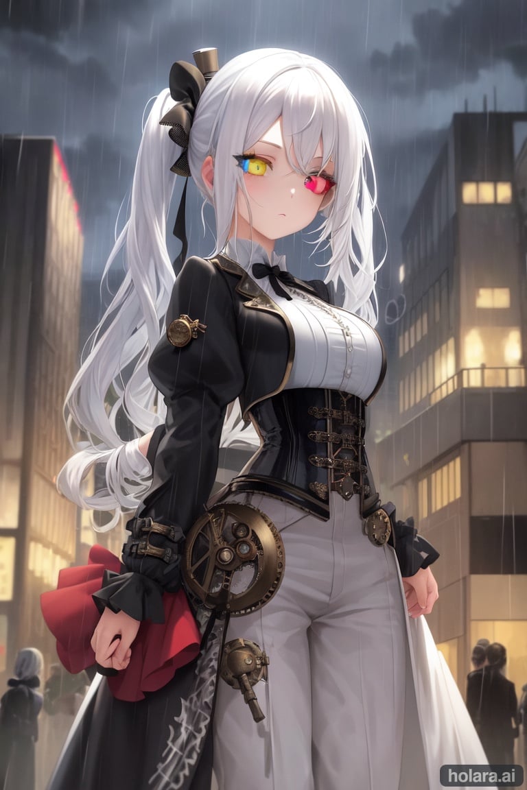 Image of white hair, Heterochromia, corset, cylinder hat, steampunk, magick, hairstyle pigtails, young girl, rain, night,
jumpsuit uniform