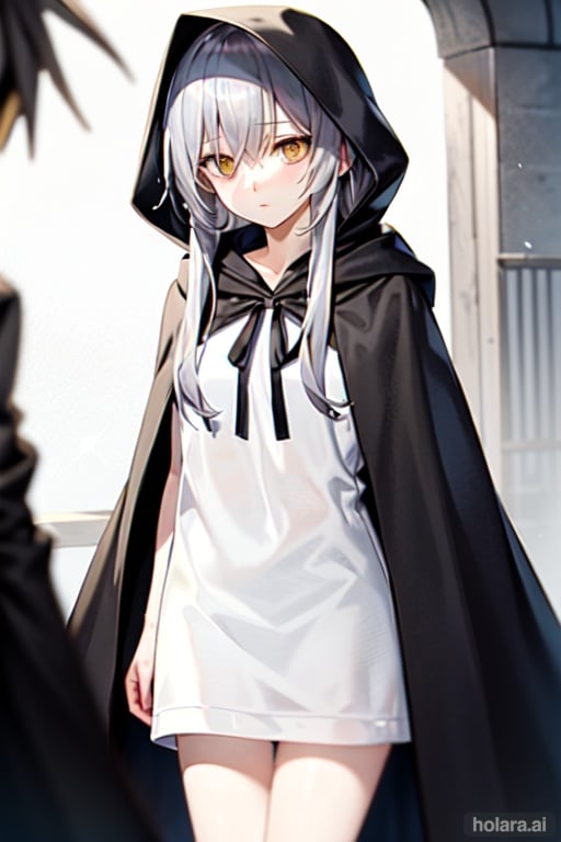 Image of {tales of (series)}, 1girl, solo, {silver hair, long hair, very long hair, messy hair}, {black cloak, hooded cloak, white shirt, torn clothes}, {yellow eyes, empty eyes}, {ruins, post-apocalypse}